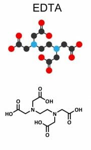 EDTA (ethylenediaminetetraacetic acid) complexing agent molecule. Used in treatment of lead poisoning and in descaling solutions to remove limescale. Stylized 2D renderings and conventional skeletal formula.